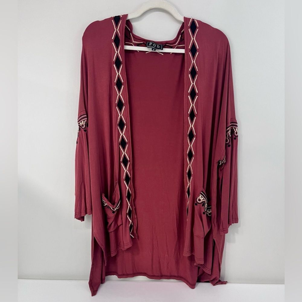 POL Boho Embroidered Open Front Cardigan Kimono Mauve Size M